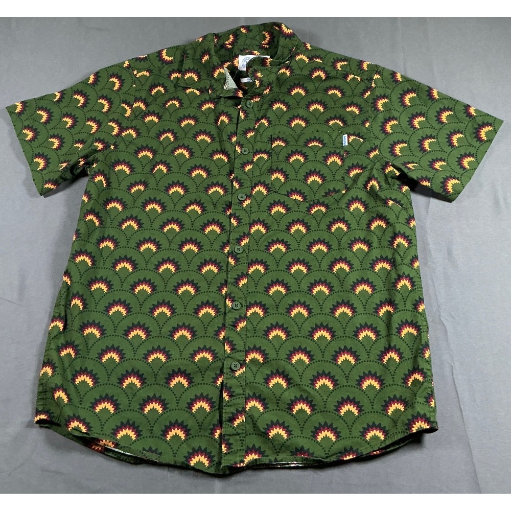 Hurley Mens Short Sleeve Button Down Shirt Green Geometric Sunburst Stretch S